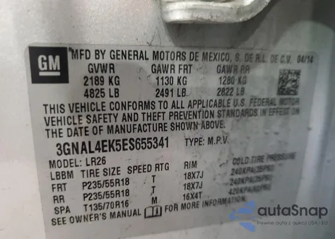 2014 Chevrolet Captiva Ltz из США, поврежденный, VIN 3GNAL4EK5ES655341